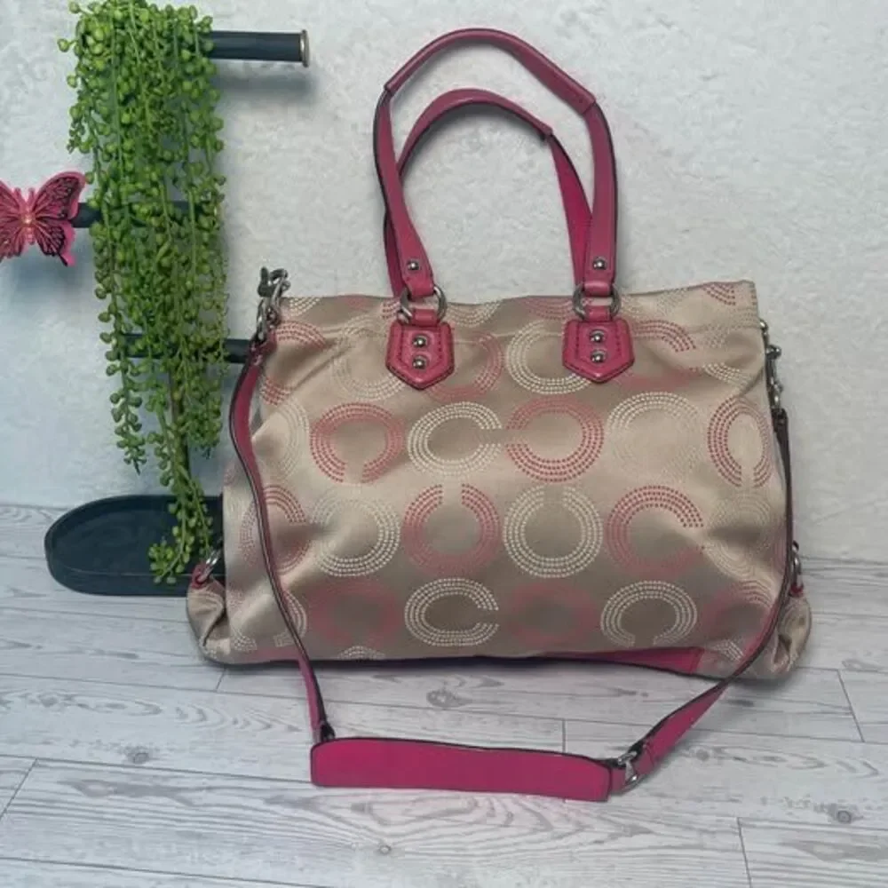Coach Signature Ashley‎ Dotted Op Art Satchel Dot Pink and Tan Handbag F20049